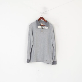 Hugo Boss Orange Men XL Polo Shirt Gray Cotton Long Sleeve Detailed Buttons Top Good stretch LightweightBlend