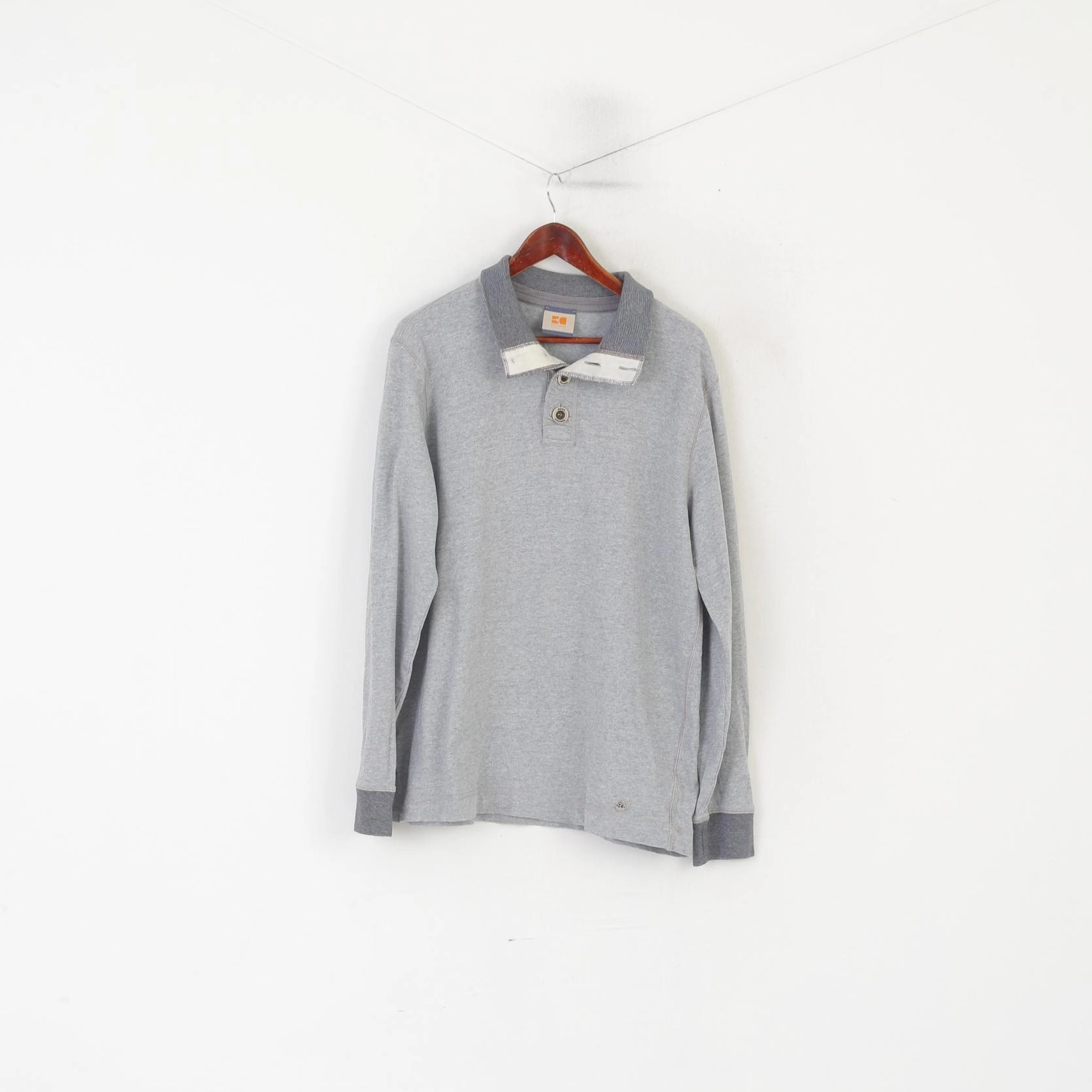 Hugo Boss Orange Men XL Polo Shirt Gray Cotton Long Sleeve Detailed Buttons Top Good stretch LightweightBlend