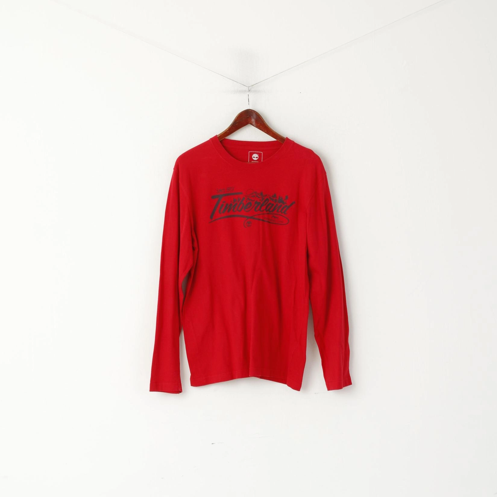 Essential Comfort Casual Vibe Wear Timberland Men M Long Sleeved Shirt Red Cotton Regular Fit Graphic Earthkeepers Top