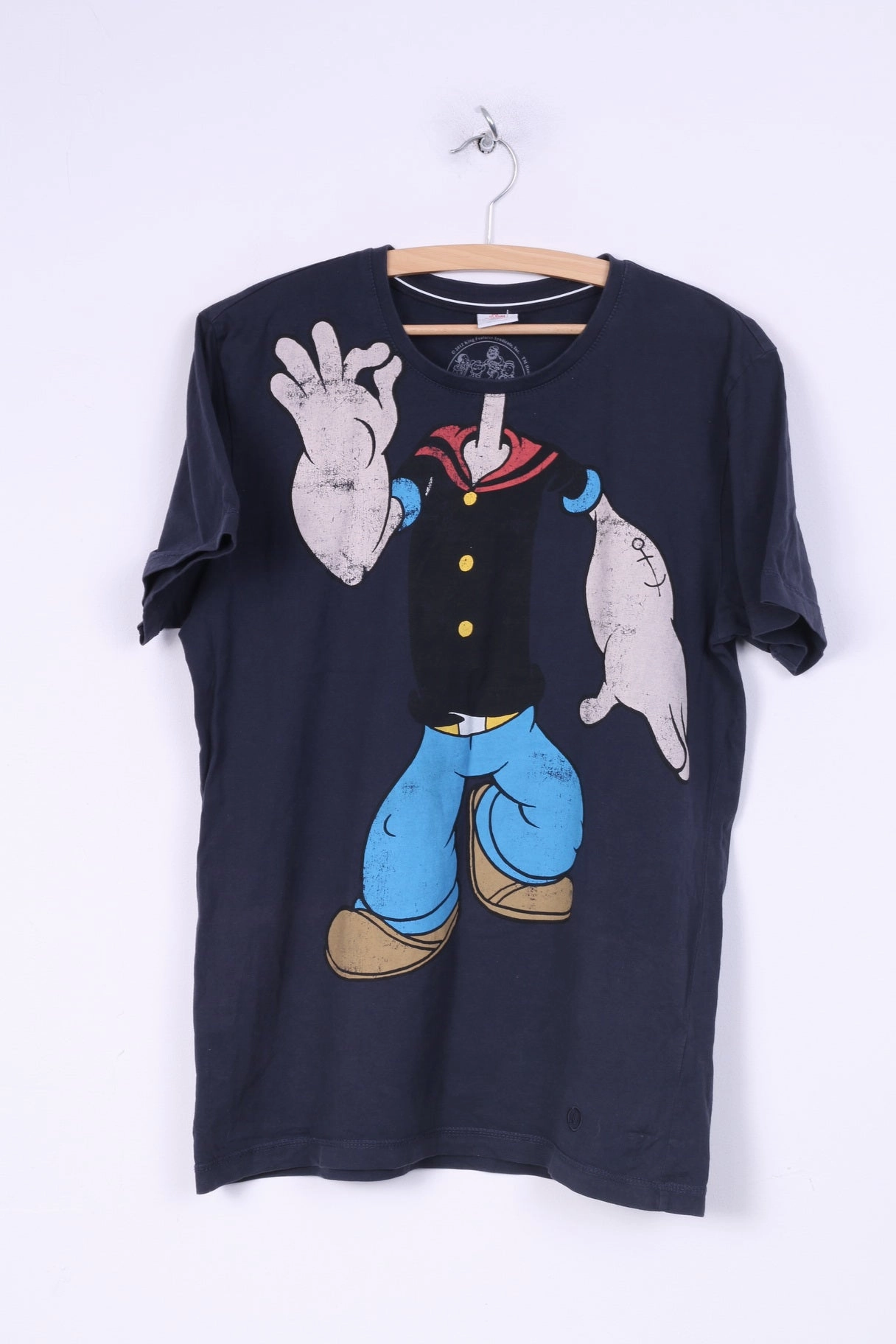 S.Oliver Popeye Mens L(M) T-Shirt Crew Neck Graphic King Features Syndicate Inc Navy Cotton Relaxed Fit Design