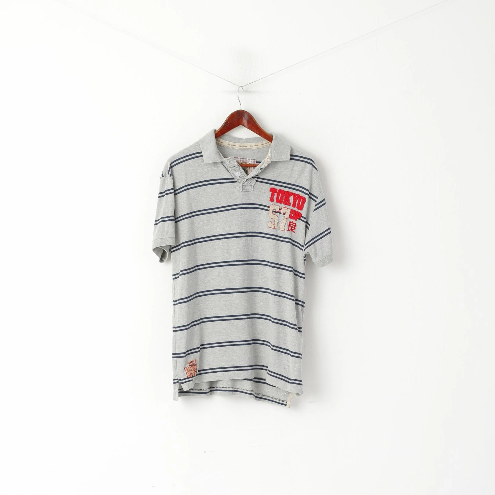 Flattering Shape Soft & Smooth Tokyo Laundry Men L Polo Shirt Grey Cotton Striped Vintage Apparel Top