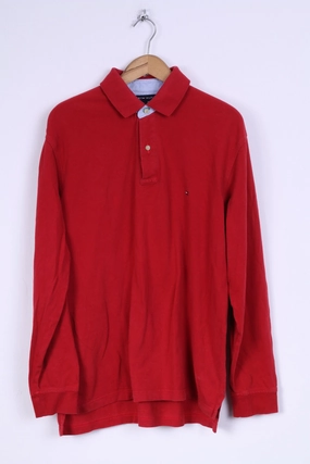 Tommy Hilfiger Mens L Polo Shirt Long Sleeved Red Cotton Top EthicalProduction