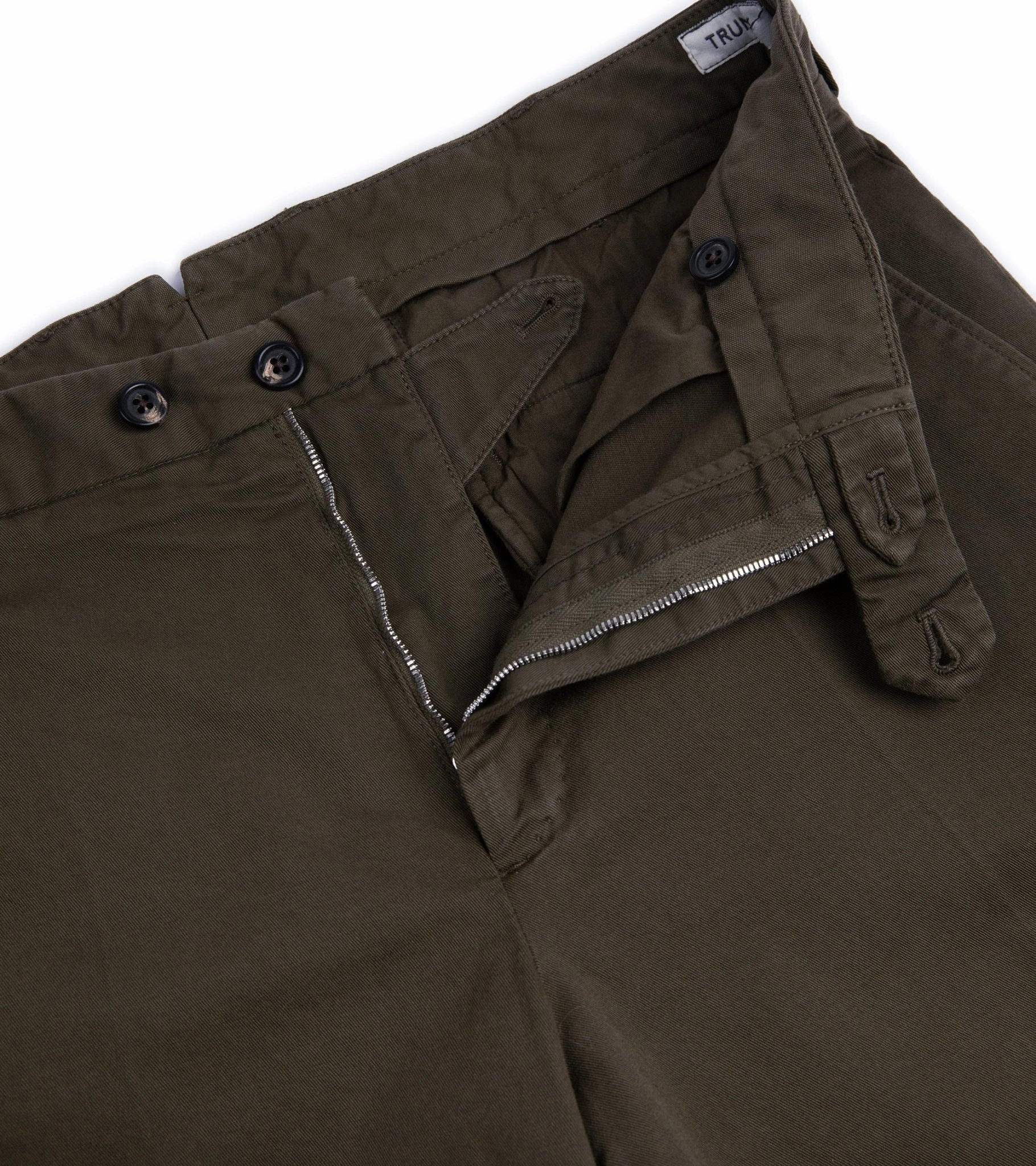 Trunk Welbeck Flat Front Cotton Trousers: Olive Stain Resistant Weave Tapered ankle