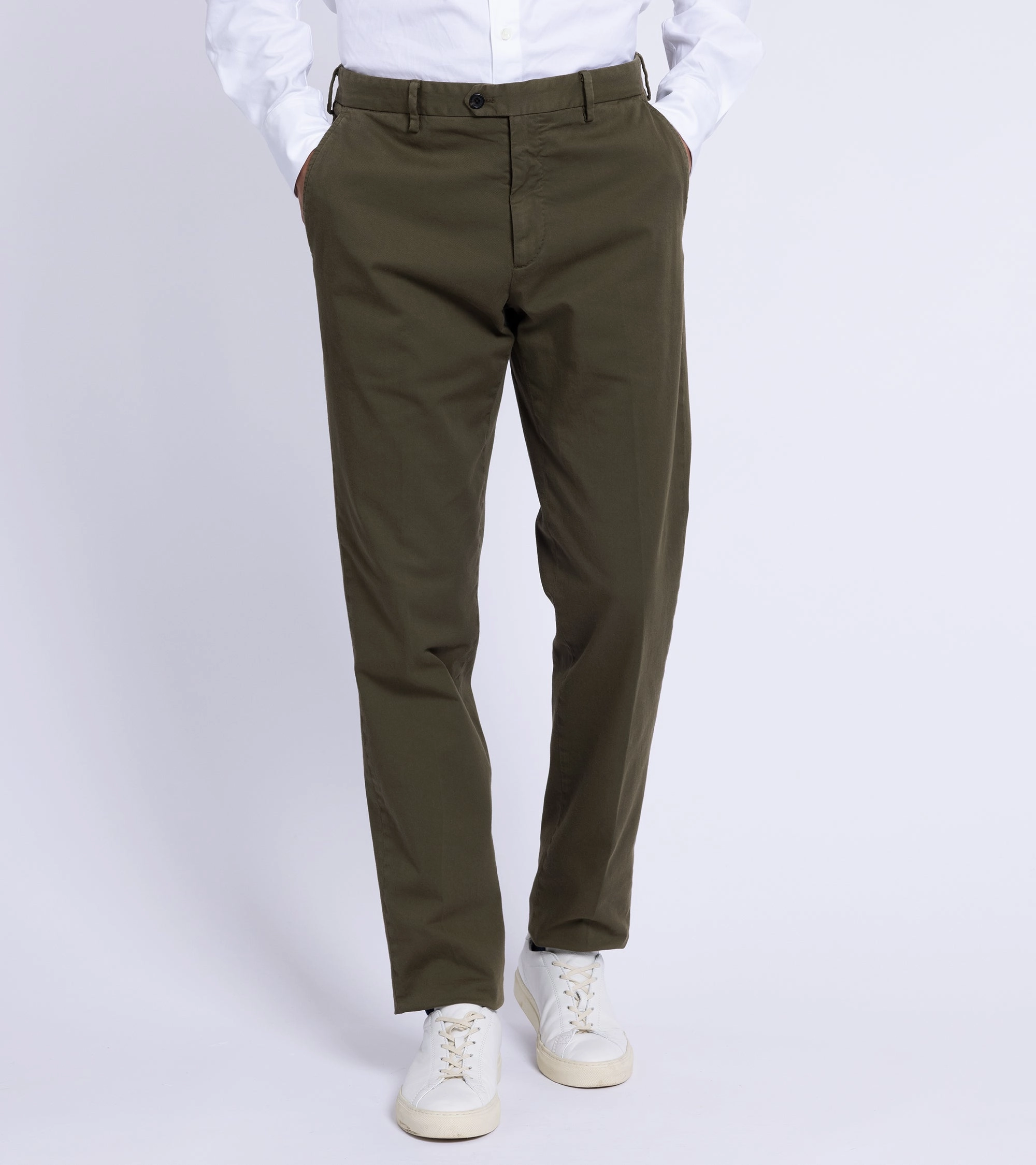 Seamless Technology SmoothZipper Trunk Welbeck Flat Front Cotton Trousers: Olive