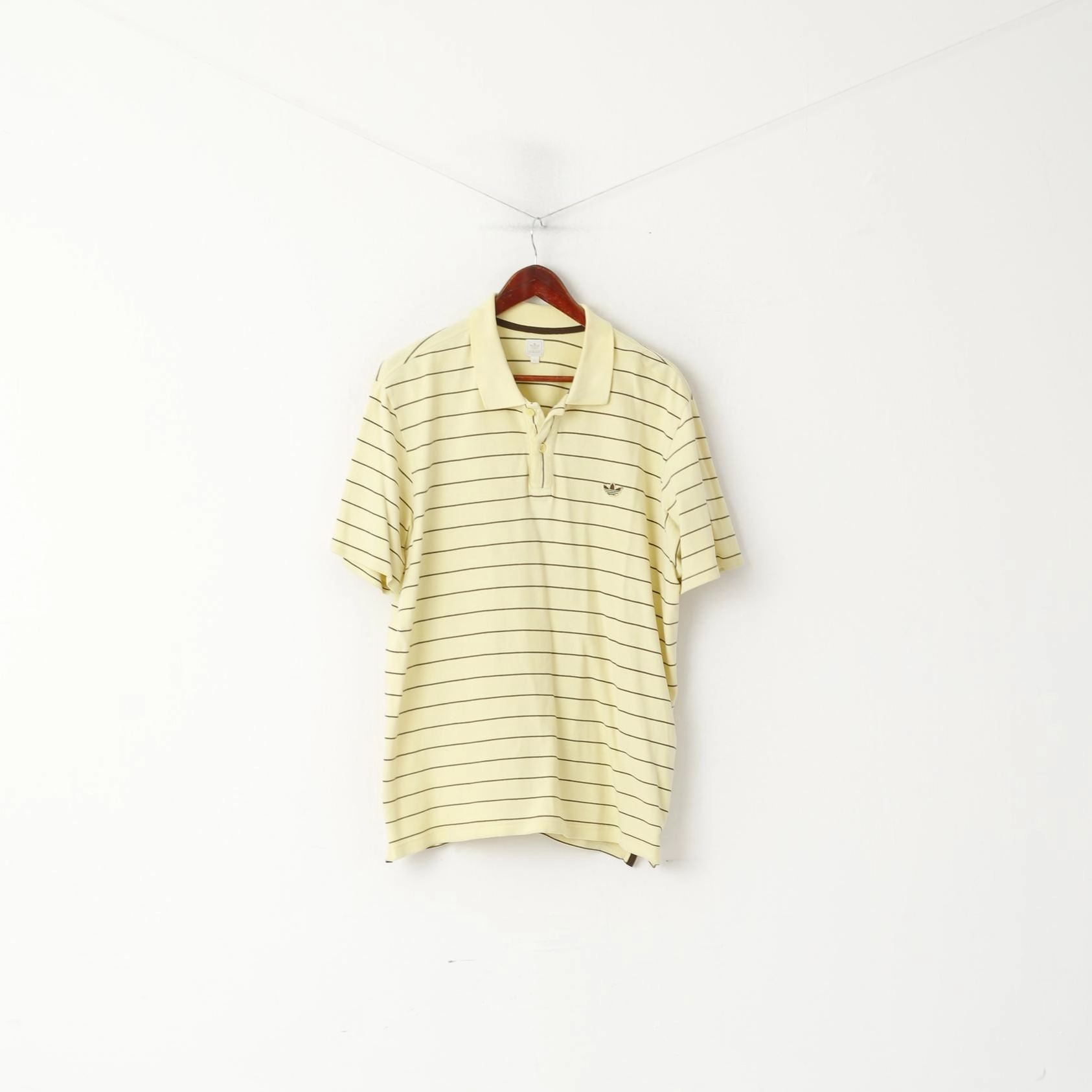 Adidas Men XL Polo Shirt Yellow Retro Cotton Striped Detailed Buttons Stretch Top Relaxed Smart