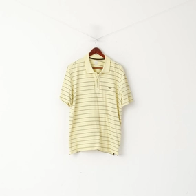 Adidas Men XL Polo Shirt Yellow Retro Cotton Striped Detailed Buttons Stretch Top Relaxed Smart
