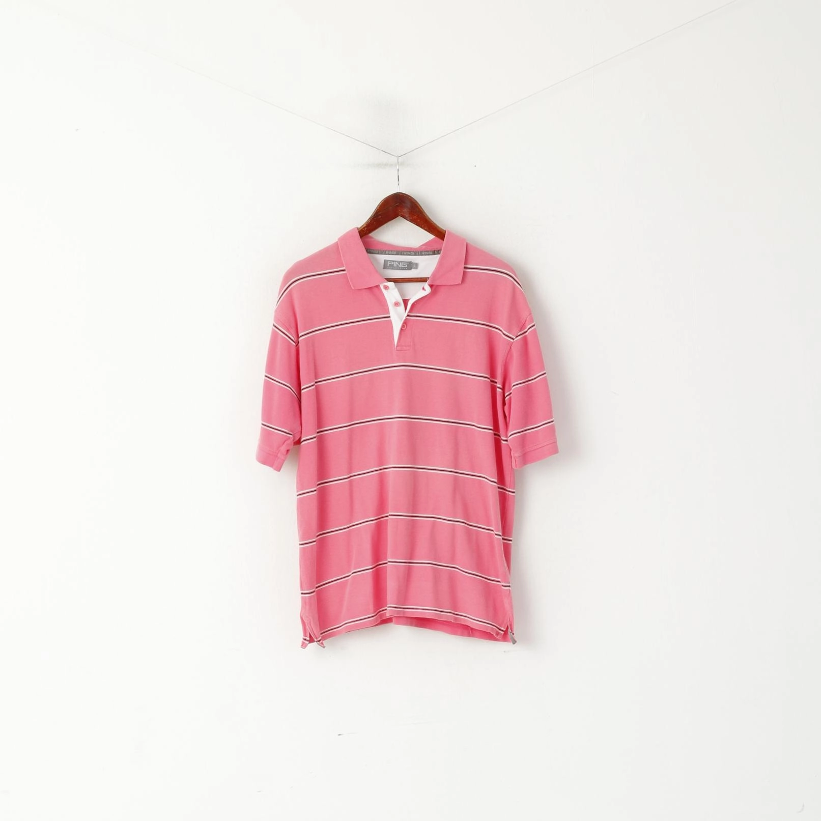 Simple Comfort Look fade resistant color PING Collection Men L Polo Shirt Pink Cotton Striped Detailed Buttons Sport Top