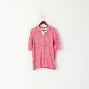 Simple Comfort Look fade resistant color PING Collection Men L Polo Shirt Pink Cotton Striped Detailed Buttons Sport Top