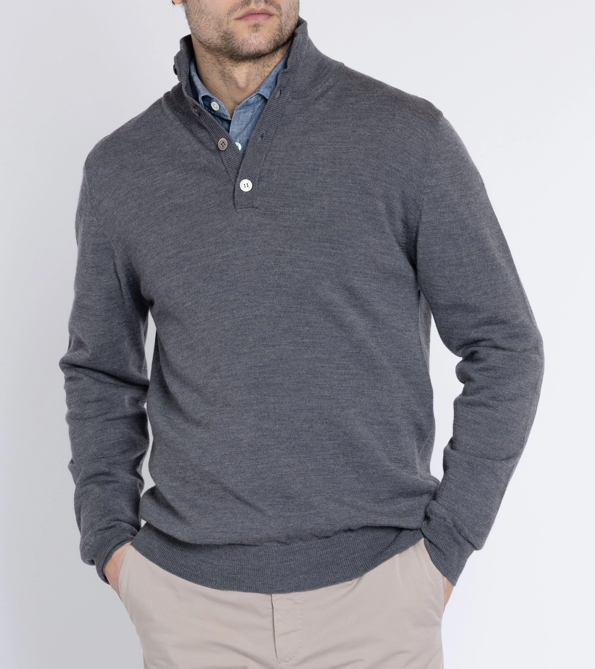 Bold Simplicity Microfiber Textile Trunk Bennet Merino Button Neck Sweater: Grey