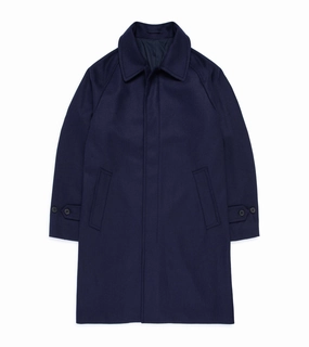 Trunk Devonshire Abraham Moon Plain Weave Wool Overcoat: Navy Elasticized Edging Multi Pocket System