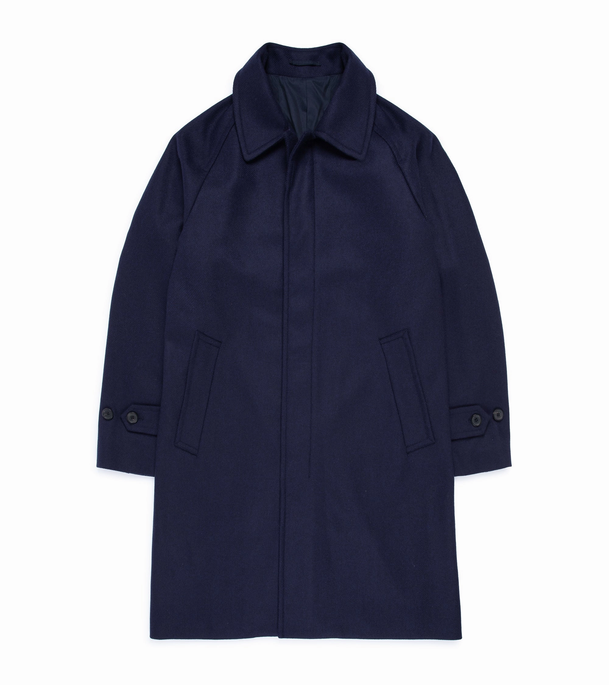 Trunk Devonshire Abraham Moon Plain Weave Wool Overcoat: Navy Elasticized Edging Multi Pocket System