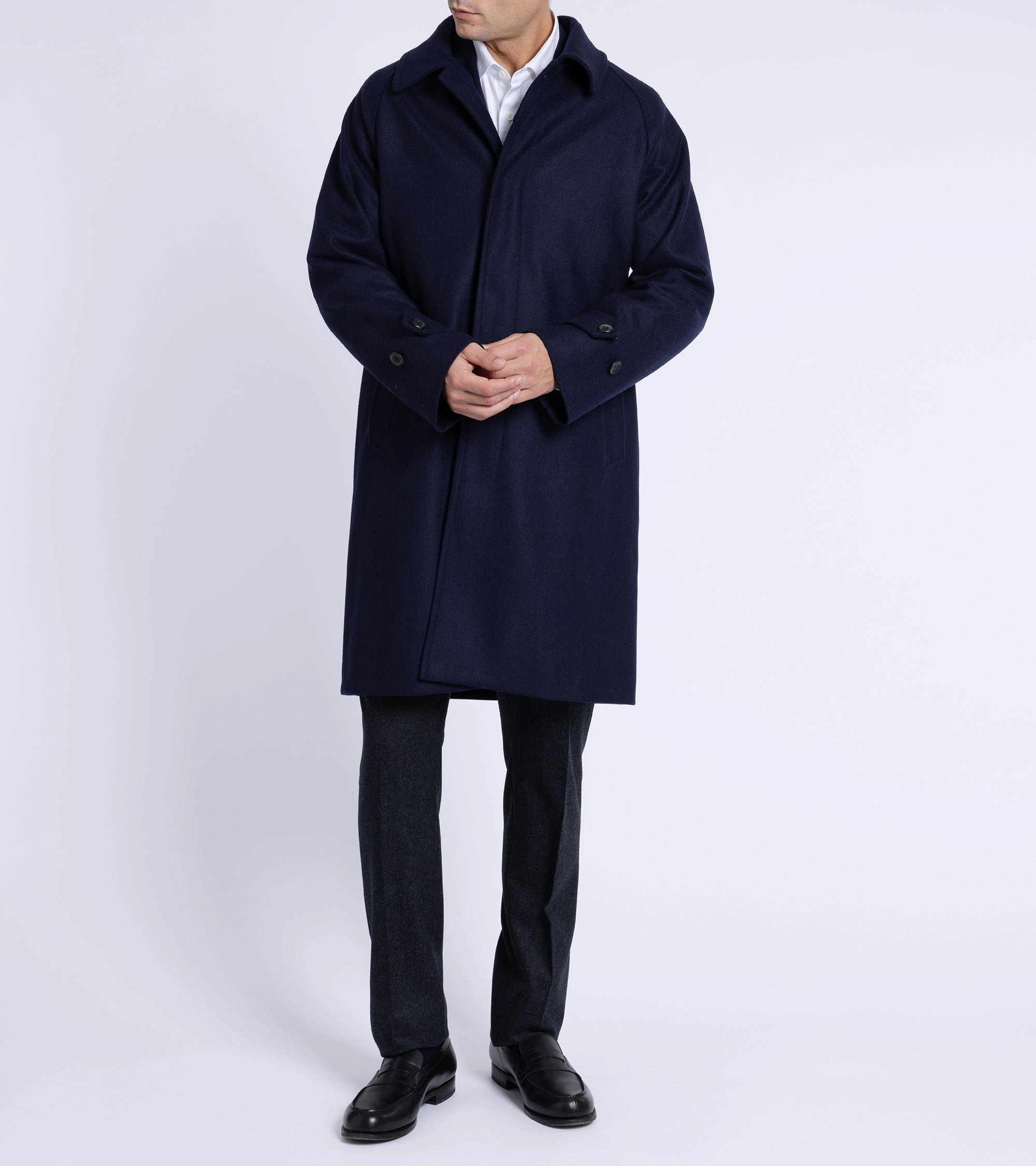 Hooded Comfort Fit Trunk Devonshire Abraham Moon Plain Weave Wool Overcoat: Navy