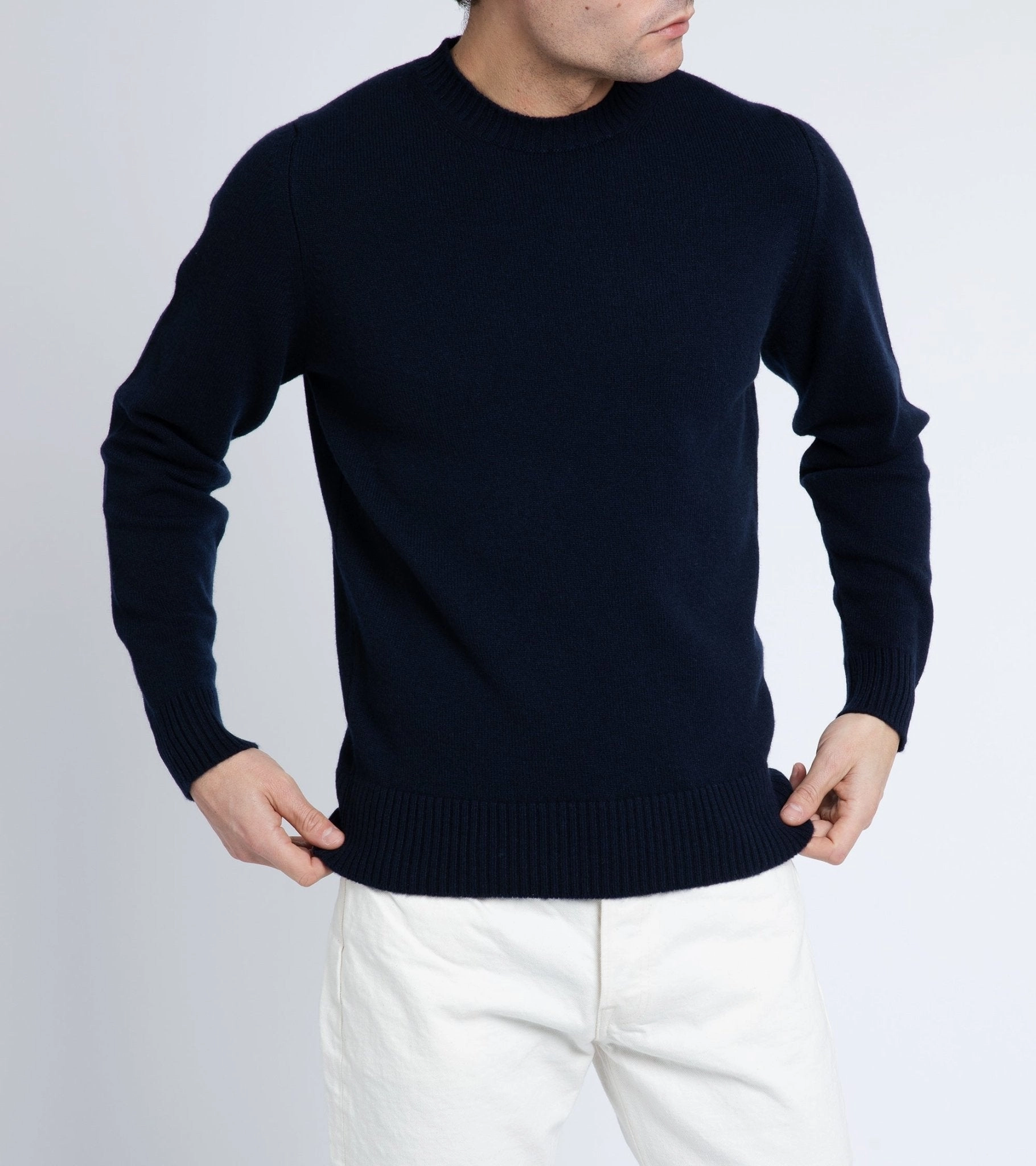 Openwork Lattice Pattern Lightweight Knit Trunk Dover Cashmere Crew Neck Sweater: Navy