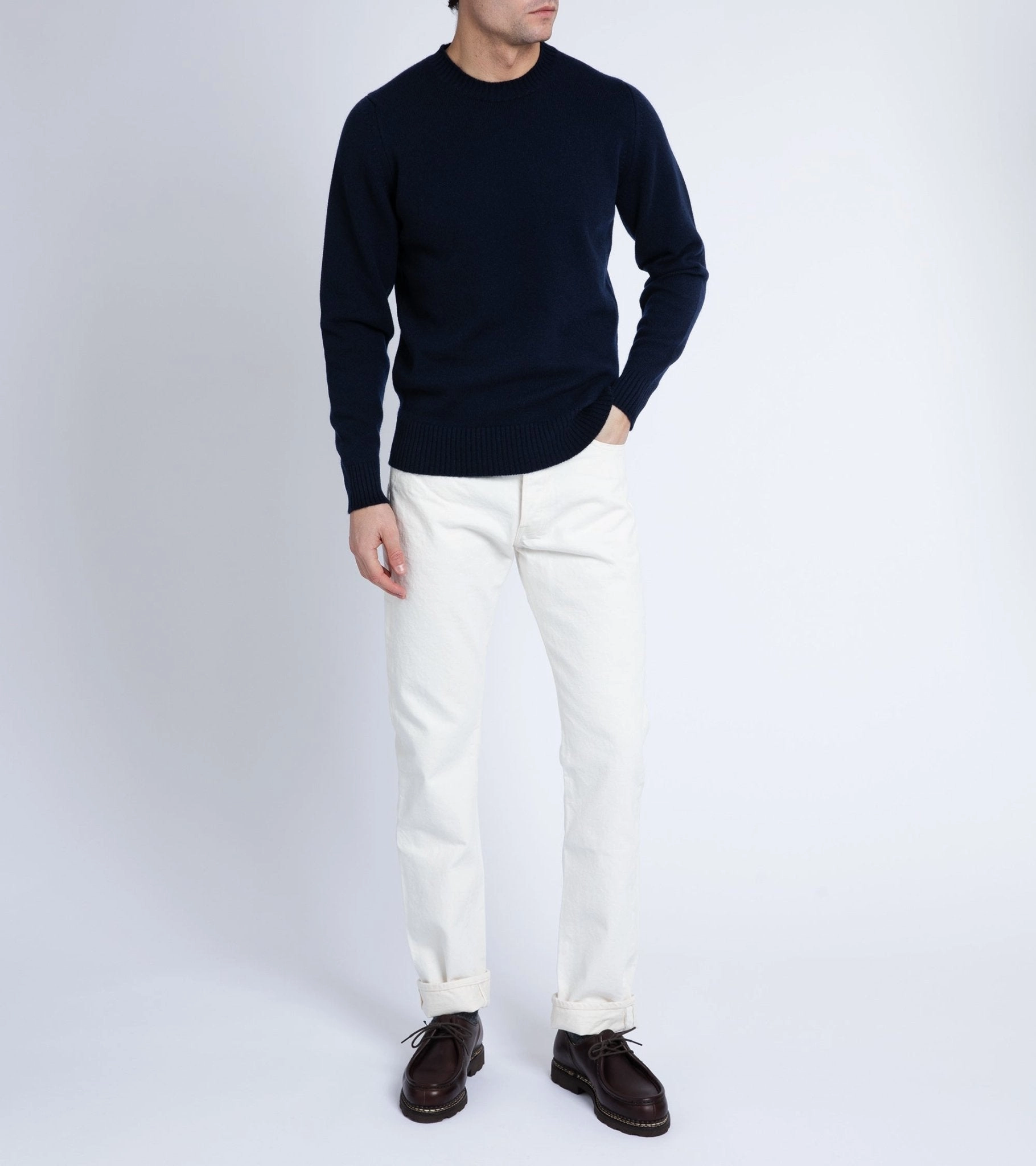 Jacquard Pattern Flatlock stitching Trunk Dover Cashmere Crew Neck Sweater: Navy