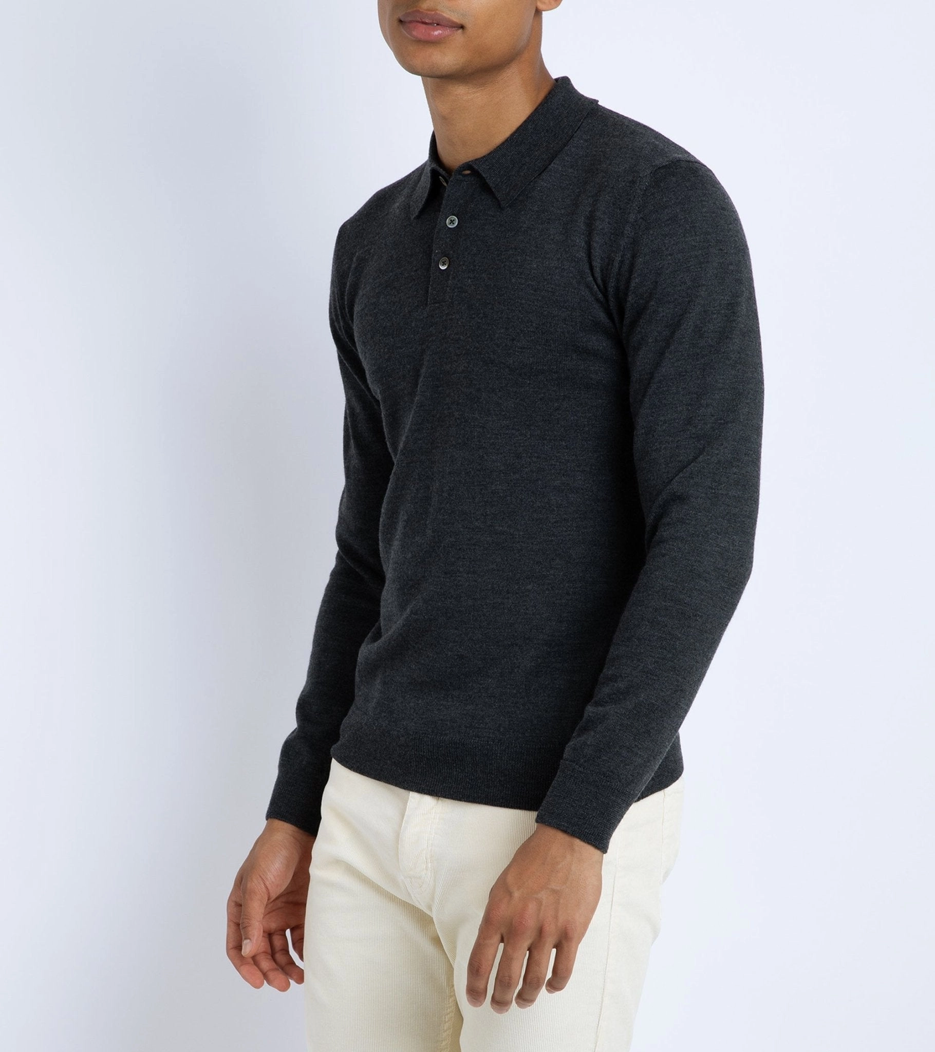 Just Right Day Layer Trunk Enford Merino Knit Long Sleeve Polo Shirt: Charcoal