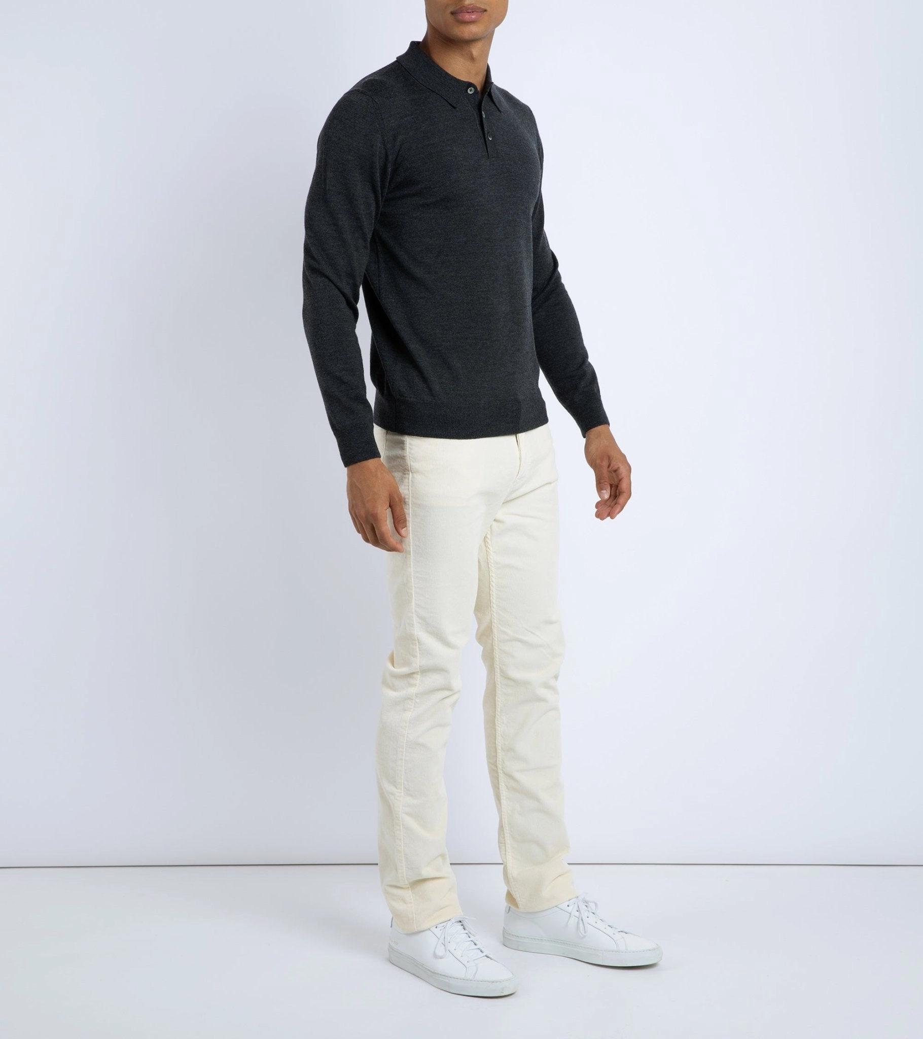 Wrinkle Resistant Reflective Yarn Accent Trunk Enford Merino Knit Long Sleeve Polo Shirt: Charcoal