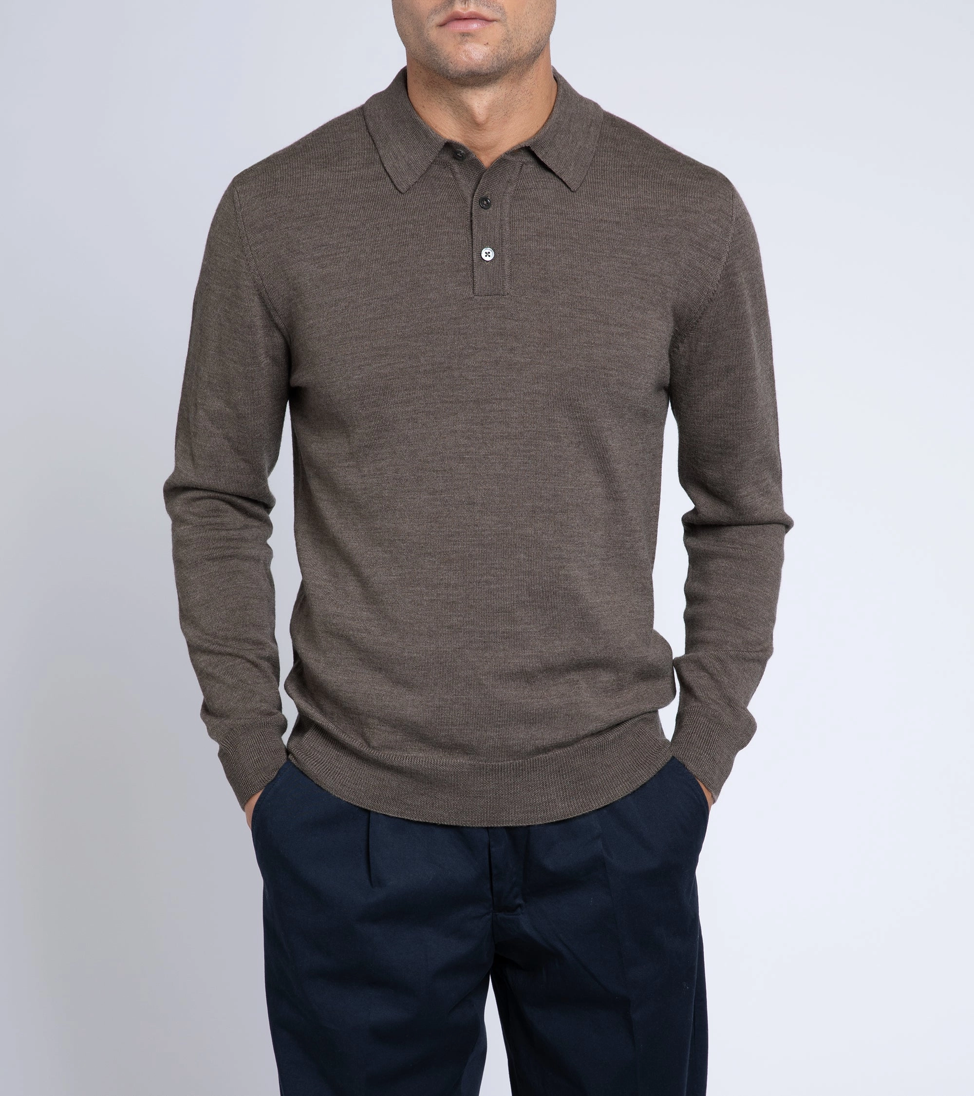 Trunk Enford Merino Knit Long Sleeve Polo Shirt: Mink No-Fuss Look Timeless Basic