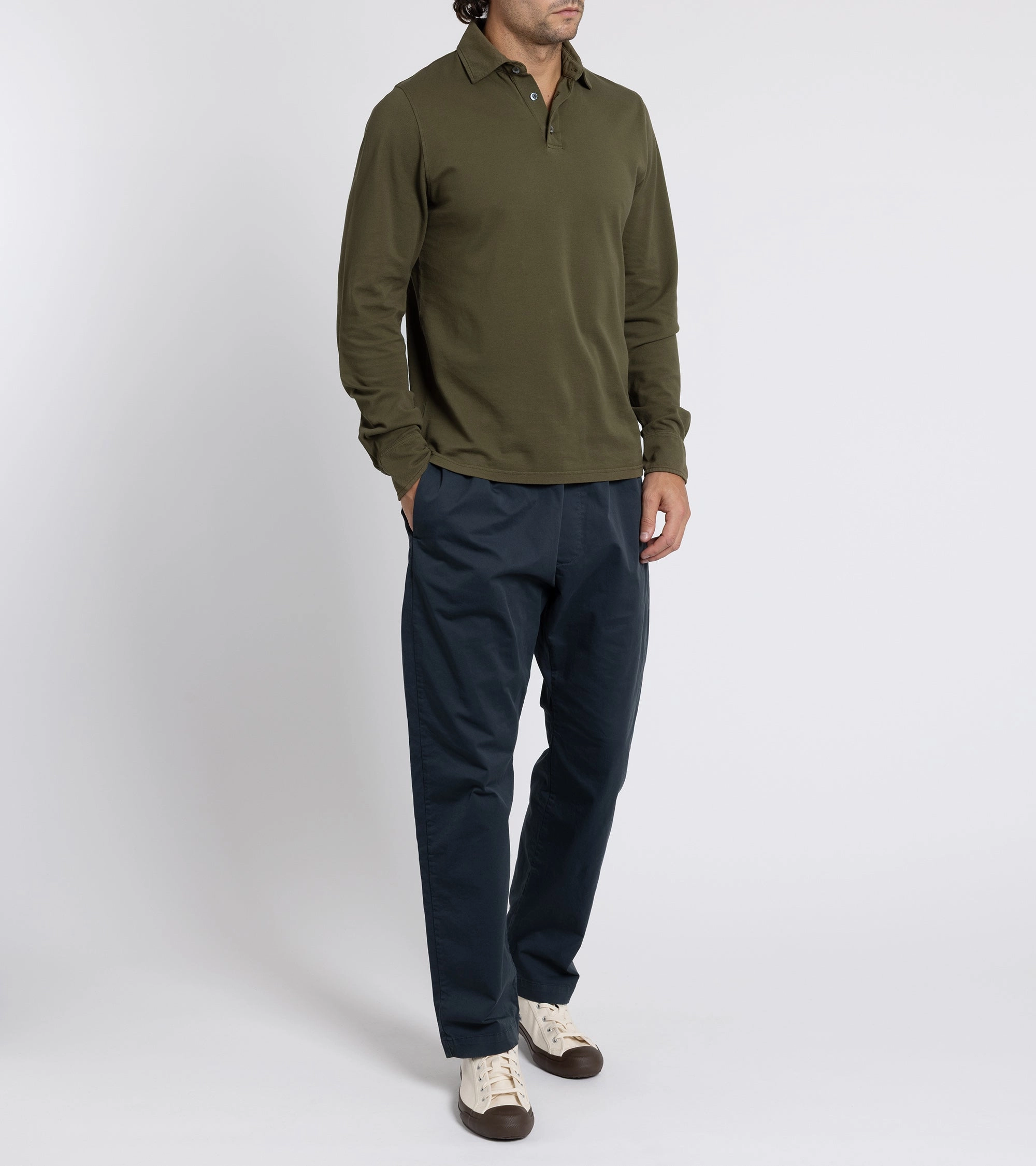 warm weather LowProfile Seam Tape Trunk Moxon Long Sleeve Polo Shirt: Olive Moss