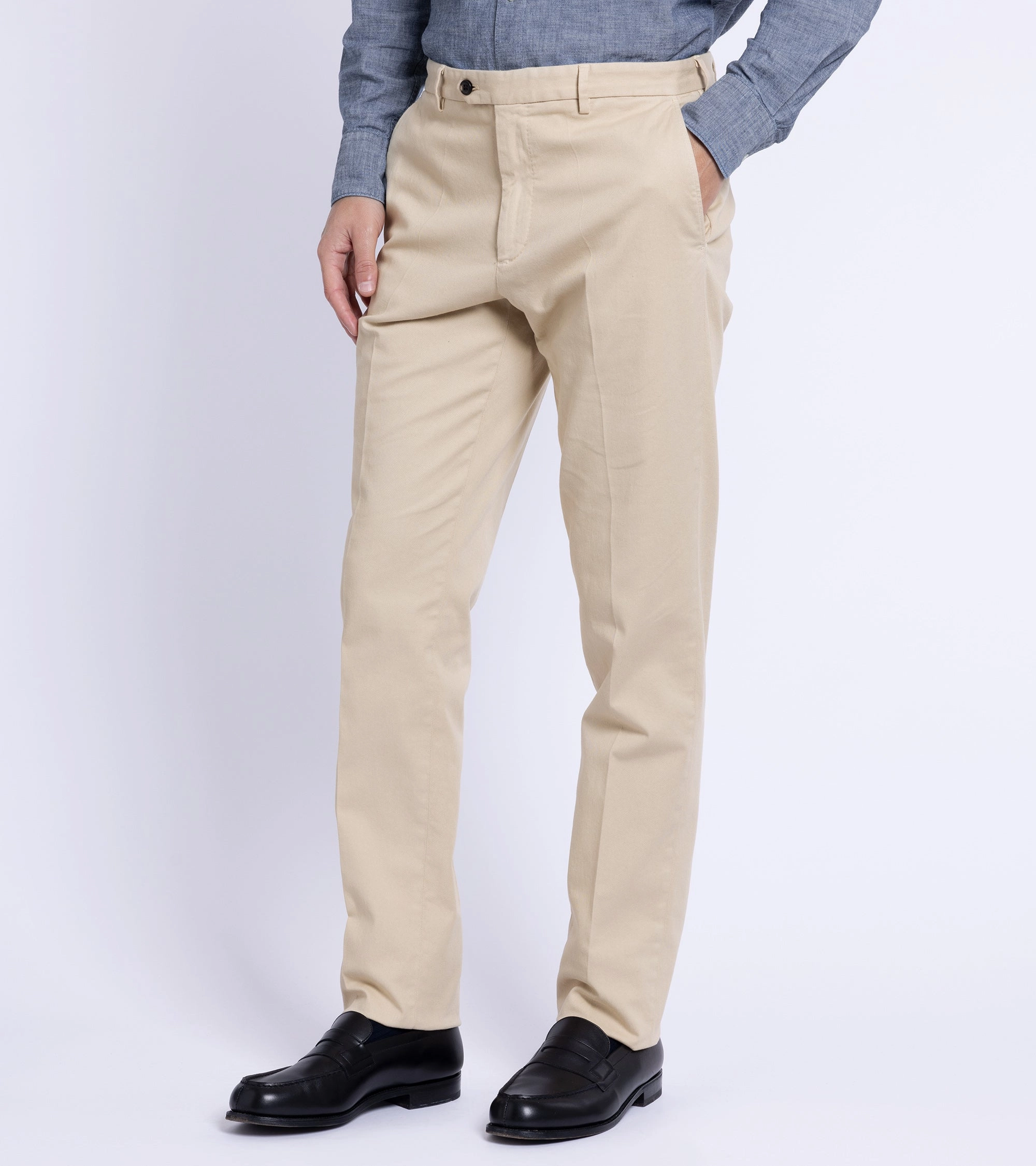 Stylish Look Trunk Palmer Flat Front Cotton Twill Trousers: Sand