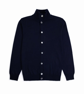 DoubleLayered Collar Trunk Stratton Merino Cardigan: Navy