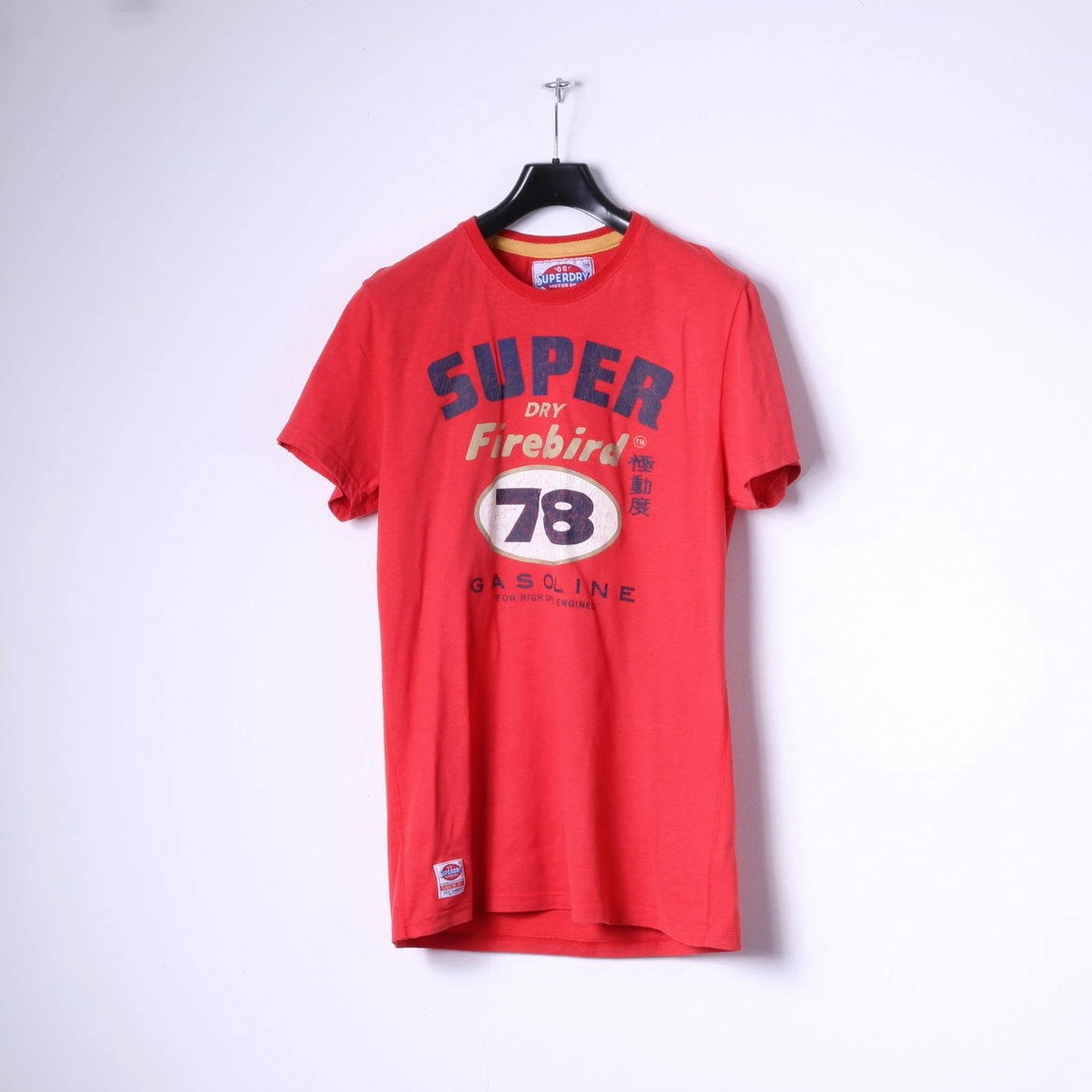 Superdry Mens L T-Shirt Red Cotton Motor Oil Graphic Gasoline Slim Fit Top Breathable Design Wear