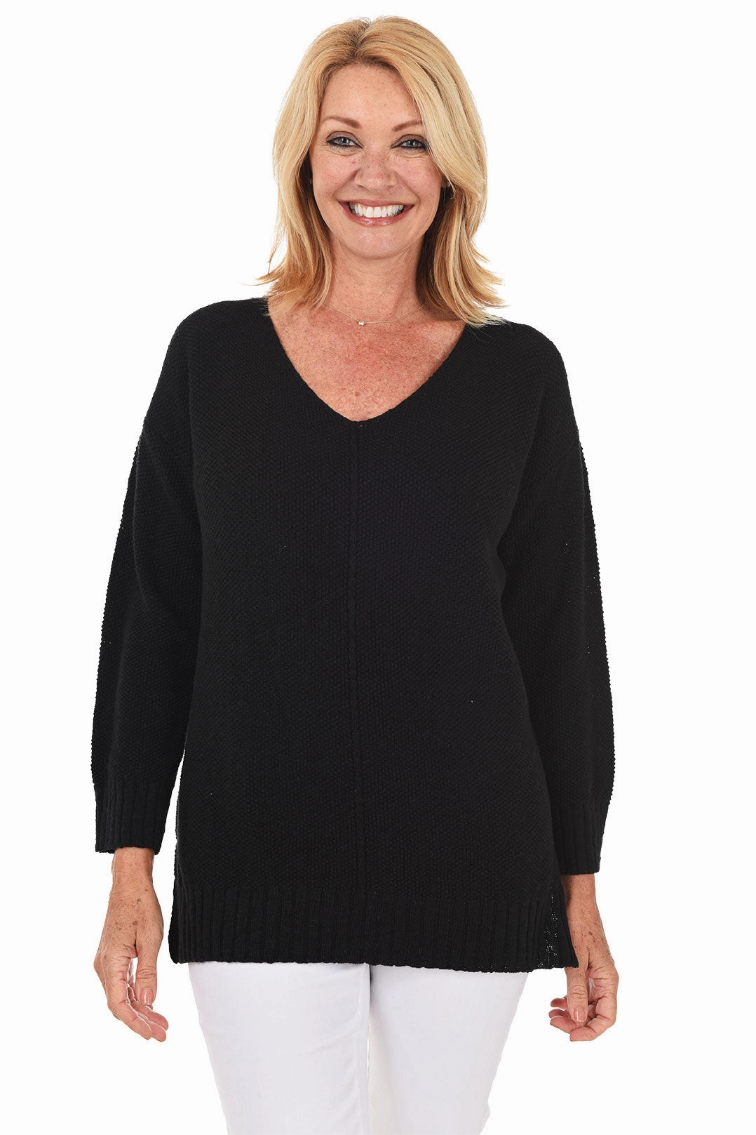 Organic Cotton Contrast Stitch V-Neck Tunic Sweater