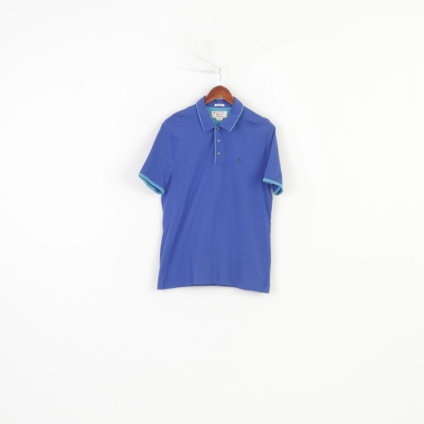 Autumn Wear Cozy Feel Penguin Men M Polo Shirt Blue Cotton Classic Fit Stretch Top