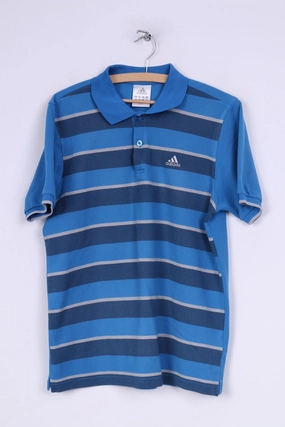 Adidas Mens M Polo Shirt Blue Striped Short Sleeve Cotton Blend Summer Top Active Wear Minimalist purity
