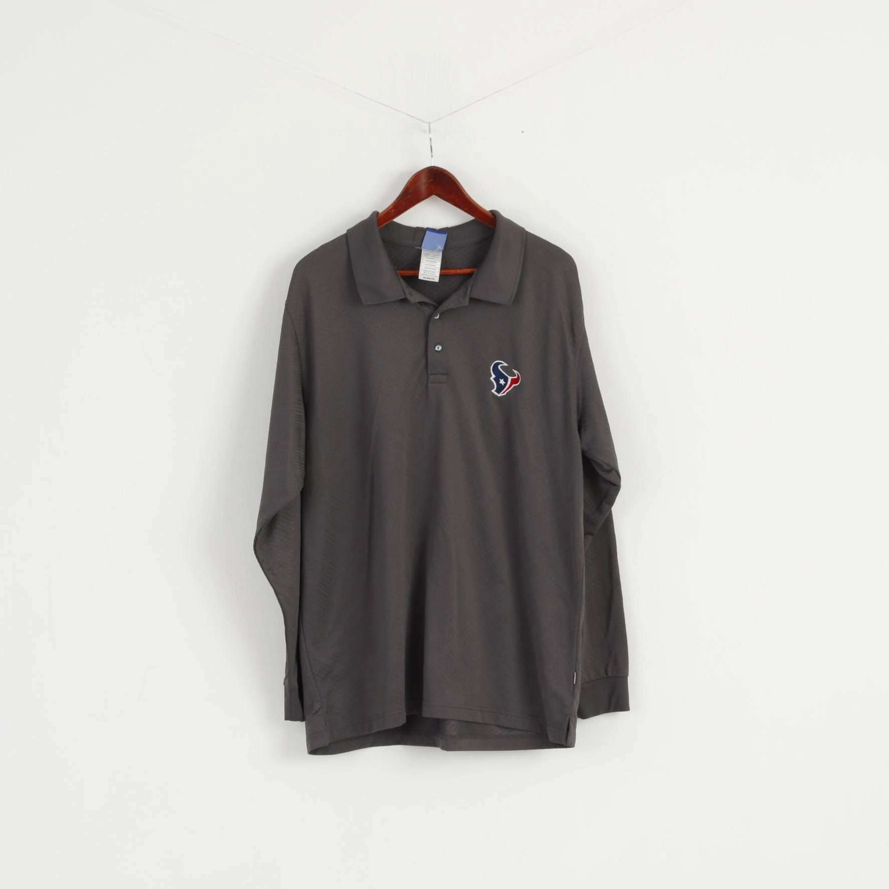 Reebok NFL Men XL Polo Shirt Grey Long Sleeve Houston Texans NFL Top Seam Free Shoulders