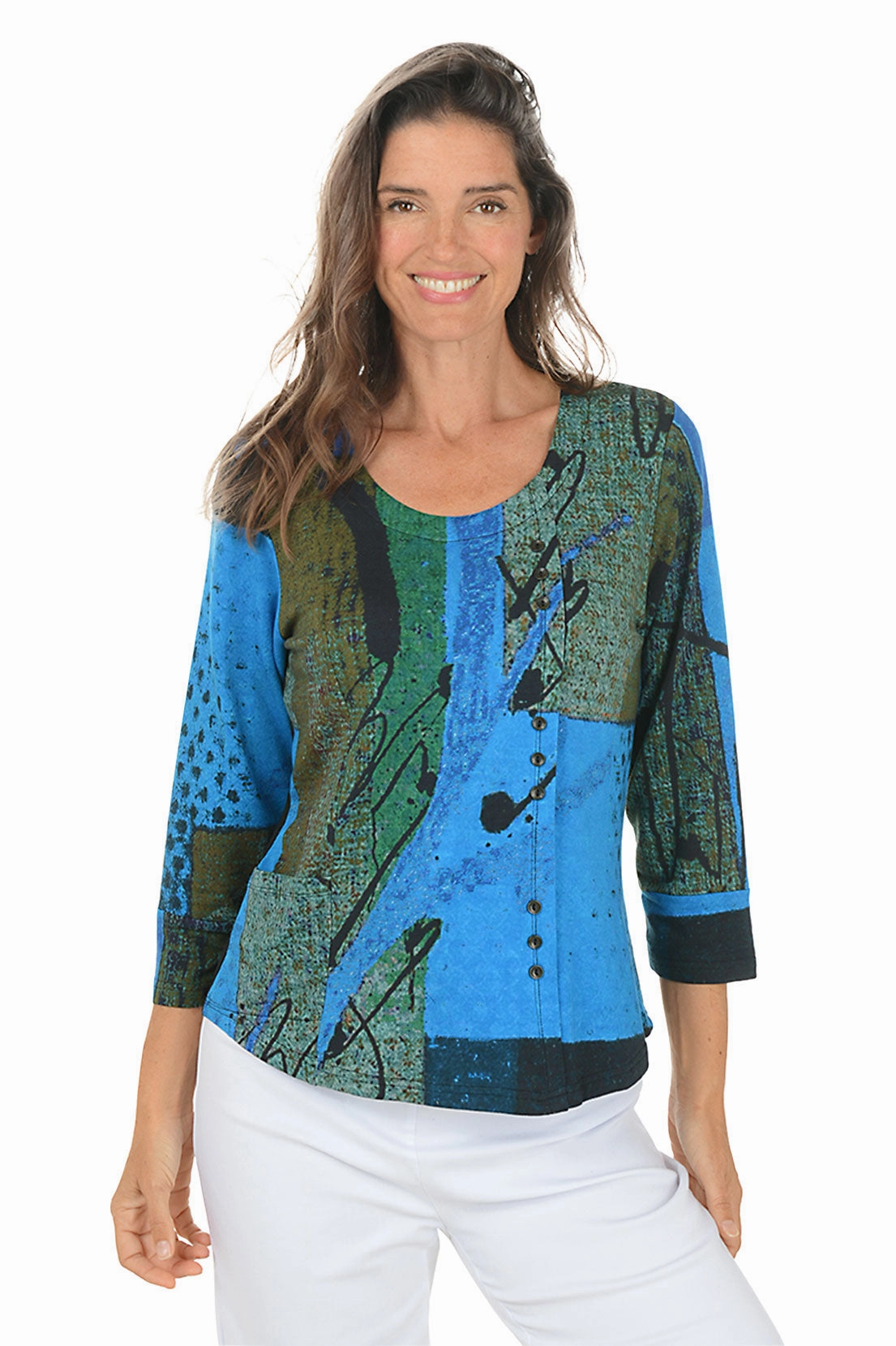 Andrea Offset Button Pocket Top Everyday Comfort Wear