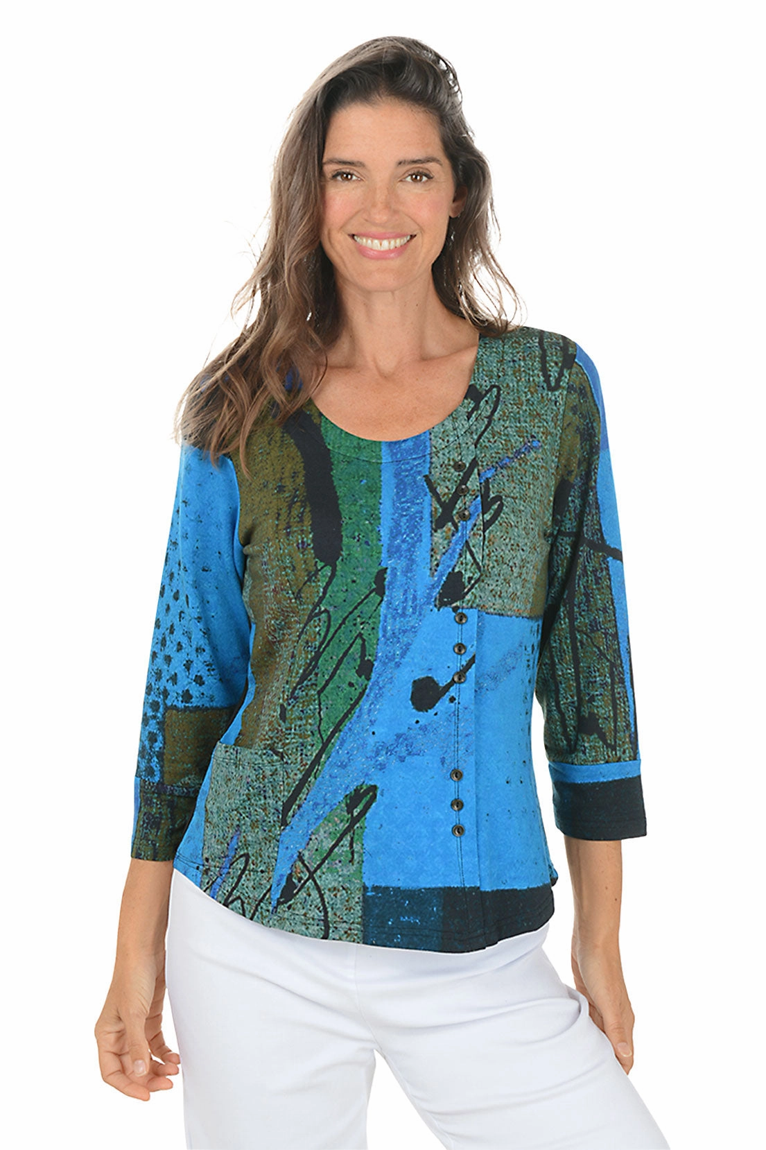 Andrea Offset Button Pocket Top Knitted Layer Seamless Construction Design