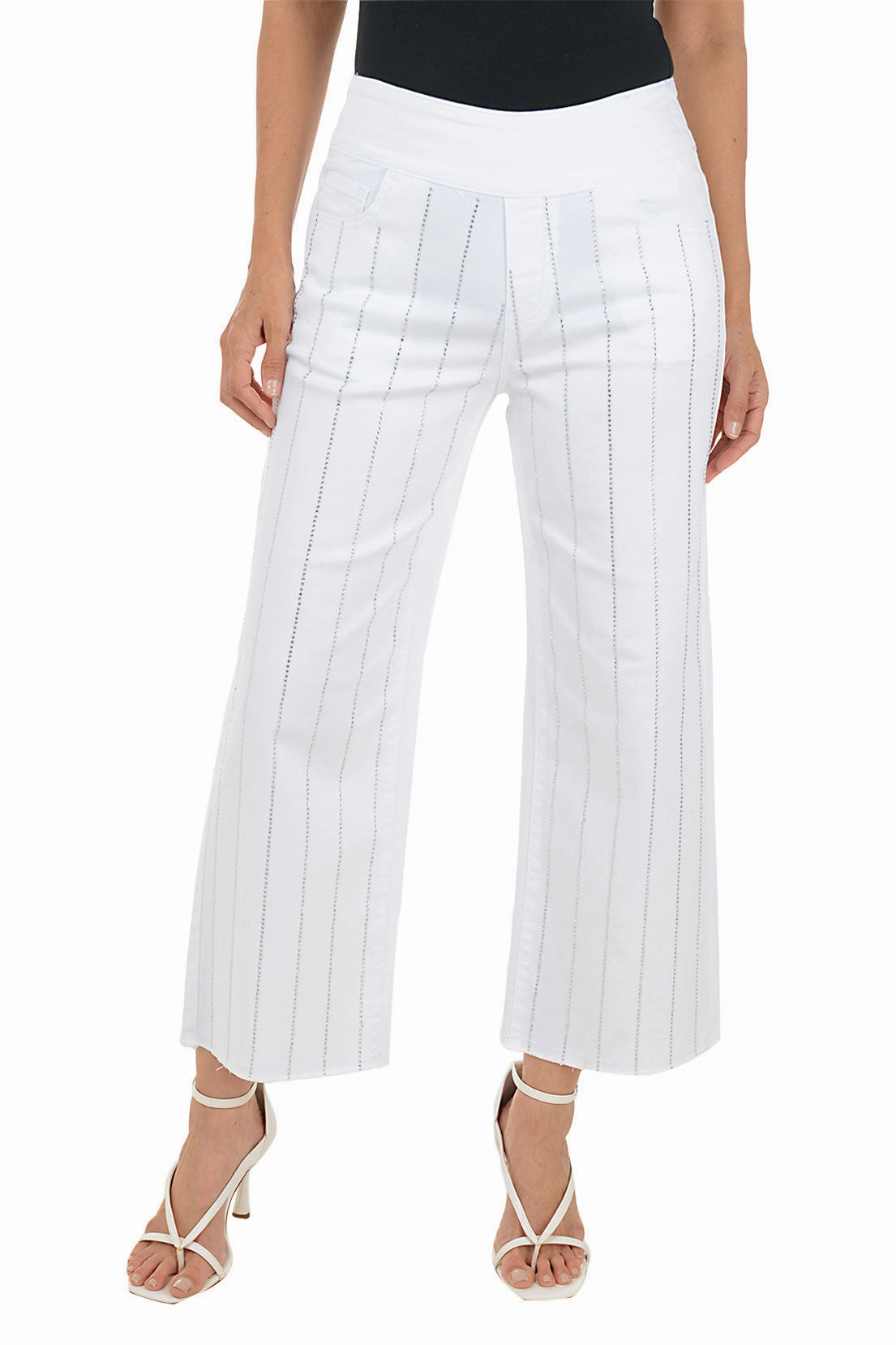 Travel Ready Fit White Rhinestone Striped Wide Leg Denim Pant