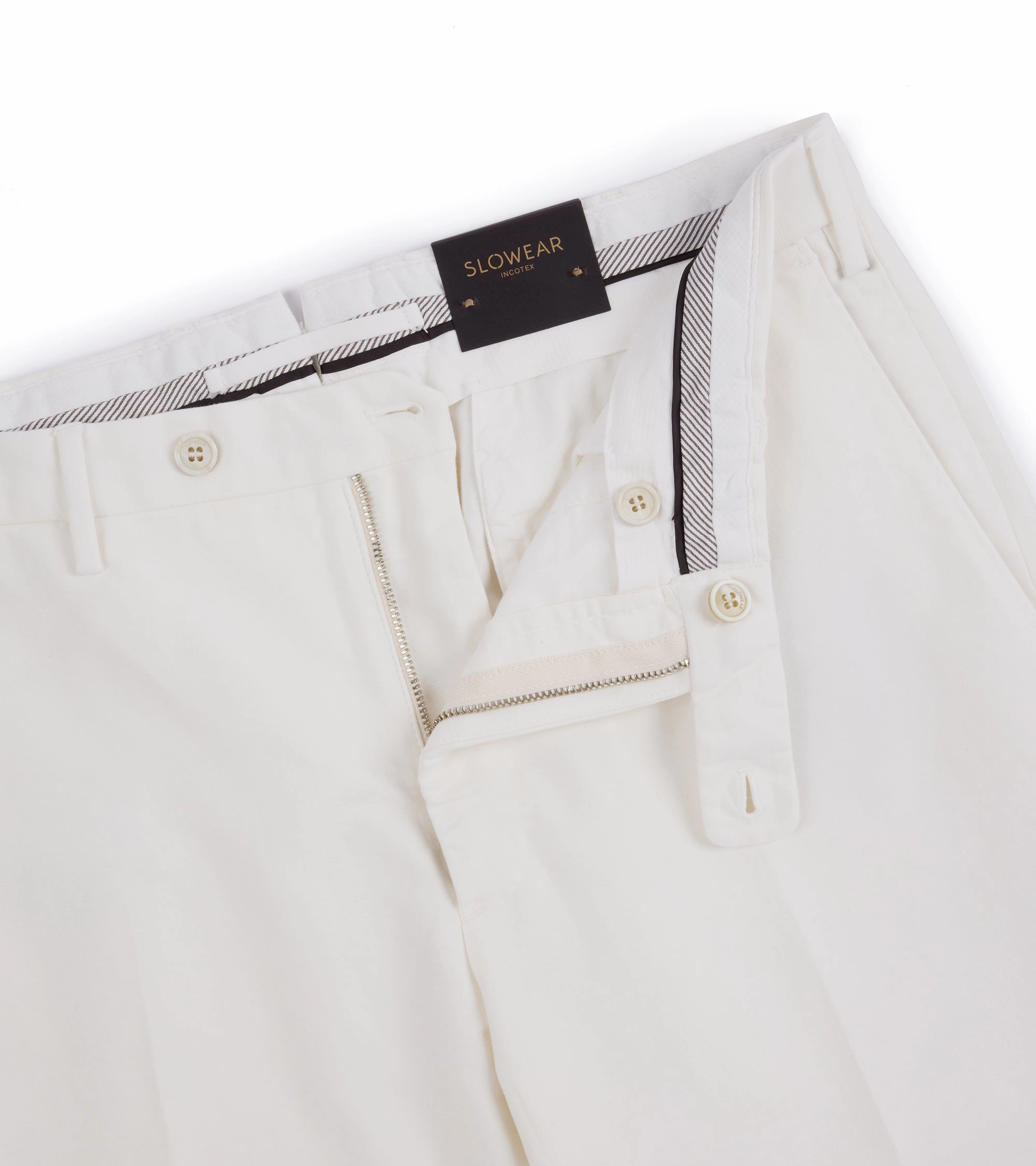 Incotex Regular High Cotton Doeskin Trousers: White Flexible Leg Adjustable Drawcord