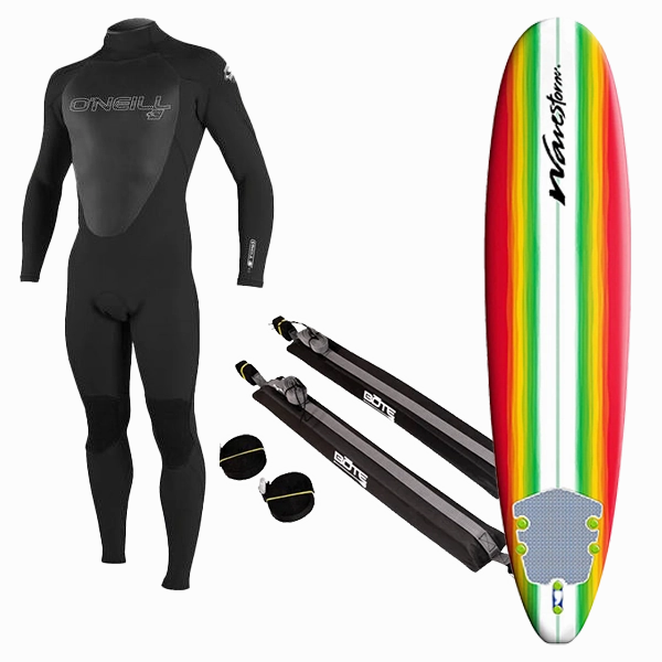 Glueless Bonded Seams Youth Wetsuit, Surfboard, and Rack Package